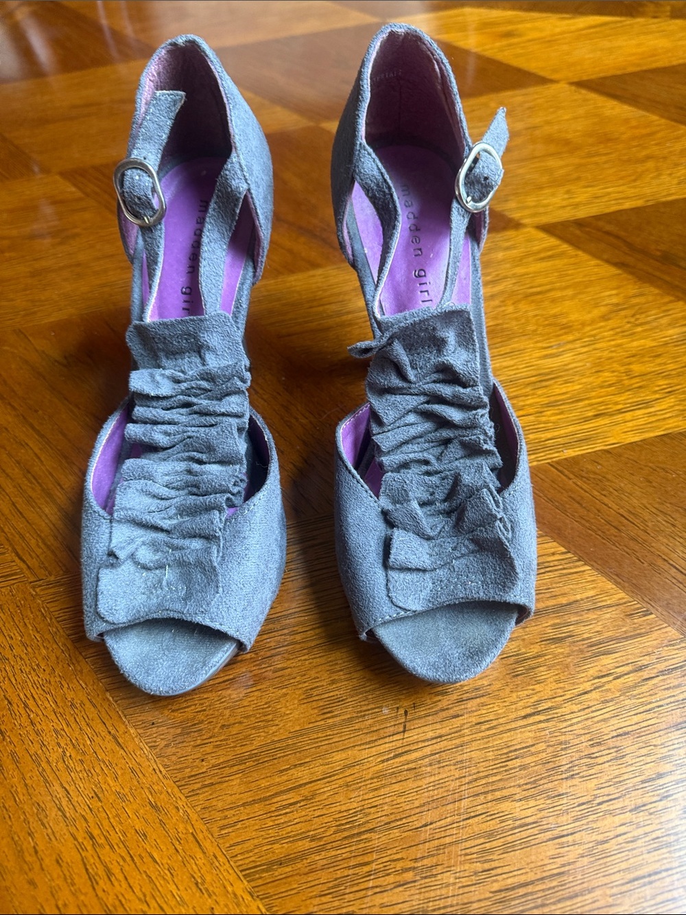 BCBGeneration Gray Suede Ruffled Open-Toe Ankle Strap Heels